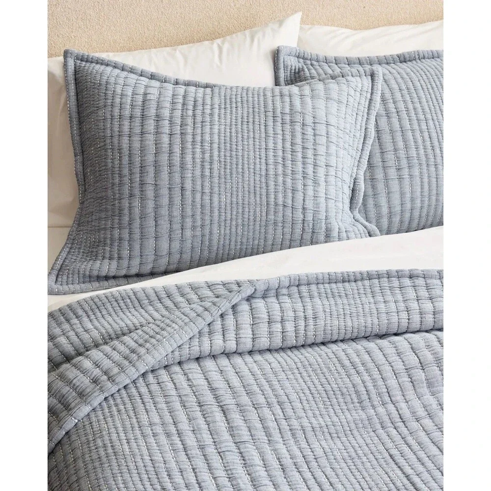 Quince Organic Cotton Channel Stitch Coverlet Set King Cal King Blue NEW